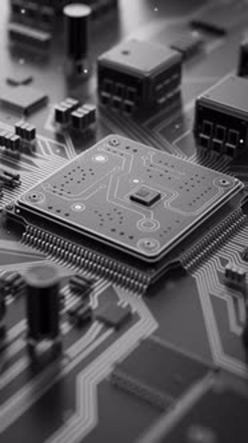 3D-Animation eines futuristischen Mikrochips in Endlosschleife.