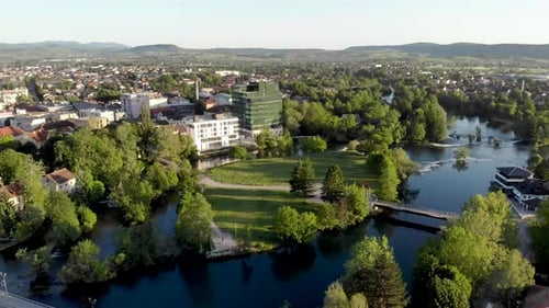 Aerial shot of the city Bihac, in the north of Bosnia. On the foreground there is the bridge over th