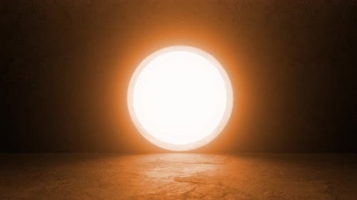 Porte circulaire lumineuse s'ouvrant dans une pièce sombre