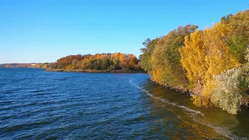 River near colorful trees. Nature landscape in autumn. Beautiful scenery in fall season.