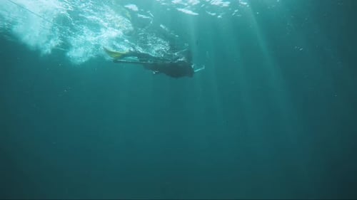 Person Spearfishing Underwater in the Sea
