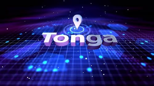 Animation de texte de localisation des Tonga sur une grille numérique futuriste Emplacement de fond, épingle, marqueur, carte,