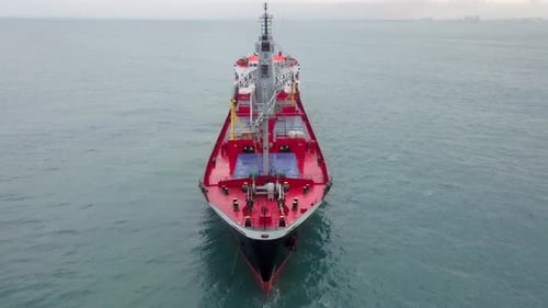 Cargo Ship at sea,Top down drone footage