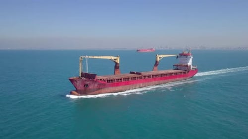 Cargo Ship at sea,Top down drone footage