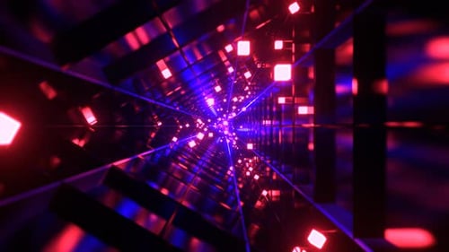Blue And Light Red Sci Fi Triangular Tunnel With Neon Cubes Background VJ Loop l 4K