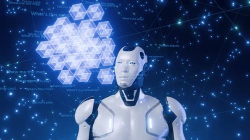 Futuristic AI Robot Interacting with Digital Data and Holographic Interface