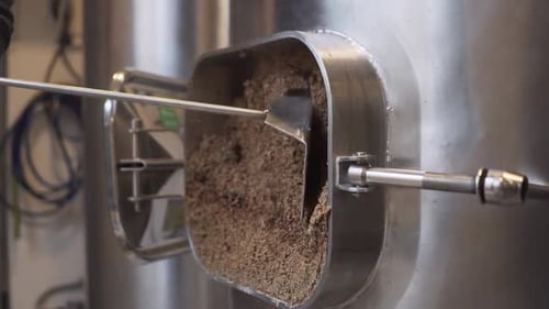 Retirando grãos de malte usados do tanque com um raspador de aço inoxidável na cervejaria - close up sl