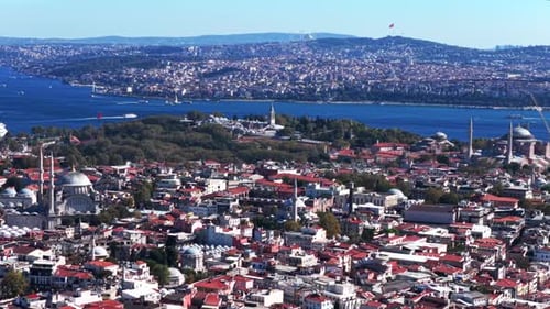 Morning Istanbul Turkey Türkiye aerial drone the Golden Horn Blue Mosque temple Hagia Sophia