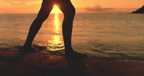 Side View Silhouette Woman Legs Walk Sunset Beach