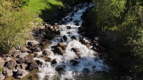 Kaskadierender Gebirgsbach: Rauschendes Wasser über Felsen in üppiger grüner Waldkulisse