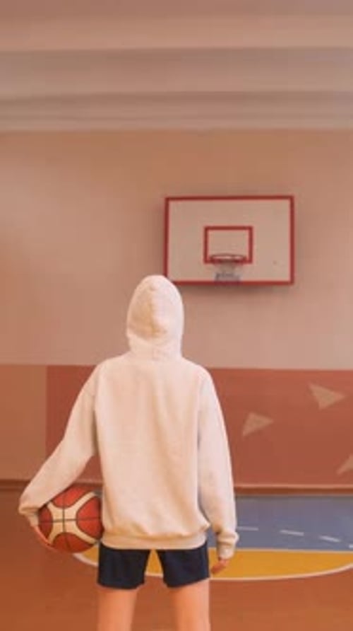 Vertical Video Young Basketball Player Holding Ball and Looking at Hoop in School Gym