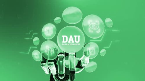 Futuristic Robot Hand Interacting with Daily Active Users Data Hologram