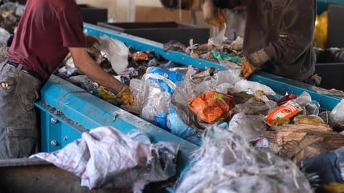 Workers Sorting Garbage At Recycling Plant