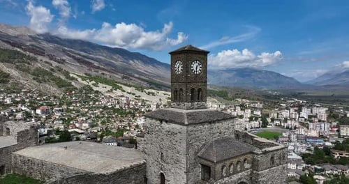 Clock Tower At Castle Of Gjirokaster. Unesco World Heritage Site Albania. Aerial Close-up Shot