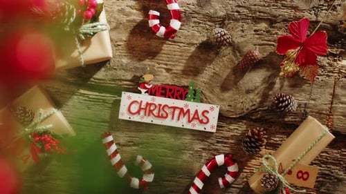 Festive Christmas Decorative Elements on Wooden Background