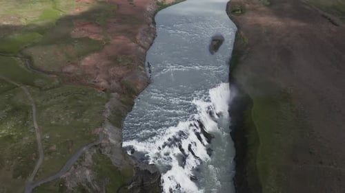 High above Gullfoss waterfall on cloudy day in Iceland, Golden circle