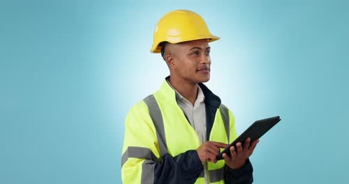 Construction worker man, tablet and thinking in studio for development, survey