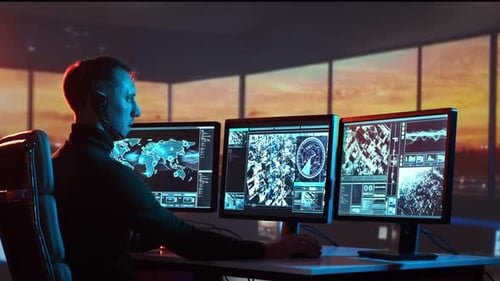 Military Soldier Operating Advanced Technology in a Command Center