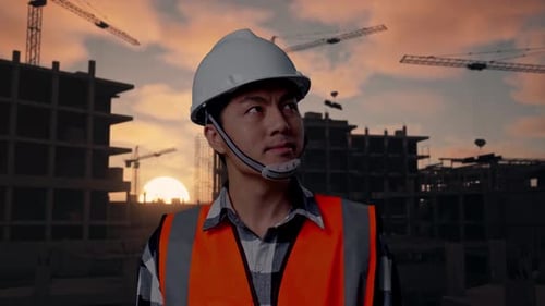 Close Up Of Asian Male Engineer Looking Around At Building Site