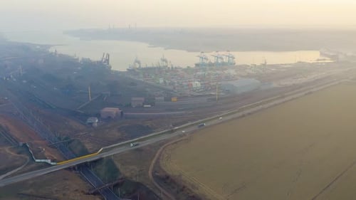 Aerial View of the Cargo Port Cove on a Summer Evening at Sunset