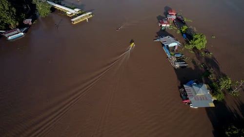 Aerial view of riverside town in the amazon jungle - Puerto Nariño, Colombia