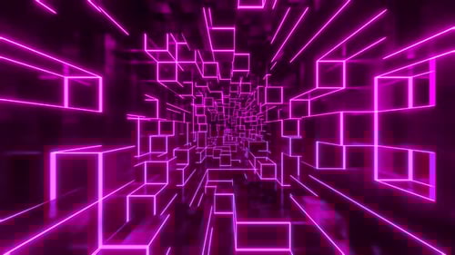 Volando a través de un túnel de cubos de neón rojos. Animación en bucle infinito