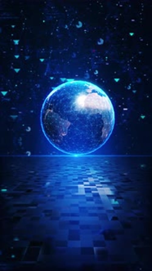 Animación digital punteada del planeta Tierra, fondo negro, globo terráqueo estilizado giratorio que brilla
