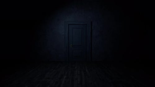 Mysterious door opening with colorful neon lights in dark room