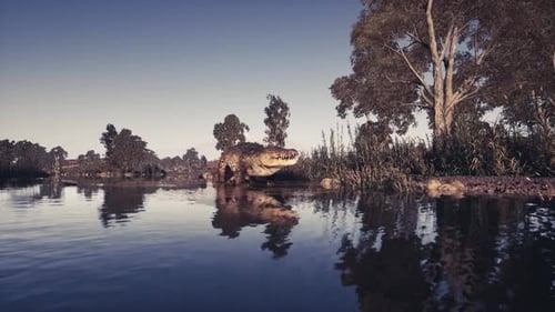 Crocodile se prélassant au bord de l'eau sous un ciel clair au coucher du soleil