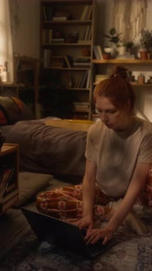Red Haired Girl Using Laptop on Bed Vertical