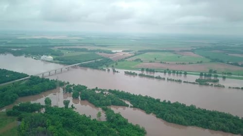 Panning over flooded river valley, Arkansas river 2019