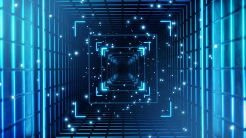 Seamless looping motion graphic flying into a rotating square digital tunnel with moving particles.