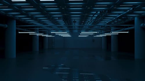 A vast, dark garage with a flickering light. Terror in the dark space.