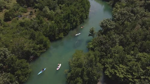 Aerial drown birds eye view of paddle boarders slowly paddling up river surrounded by tropical jungl