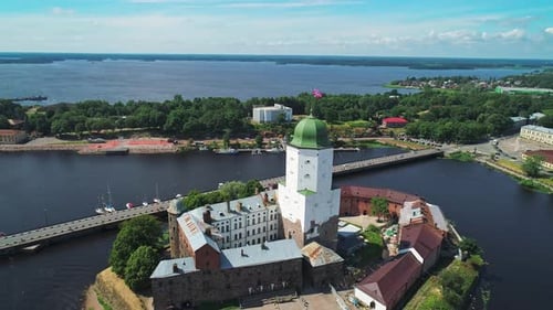 Aerial View of a Medieval Swedish Castle Fortress in Vyborg Old Town Amazing Panoramic Cityscape