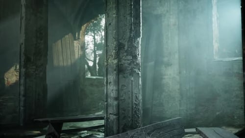 Abandoned Church With Pillars and Bench