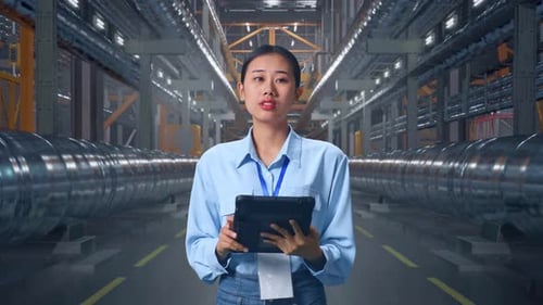 Asiatische Arbeiterin arbeitet mit einem Tablet und schaut sich mit Metallrohren um