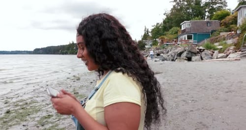 Profile Happy Beautiful Young Woman Taking Selfie On Ocean Beach