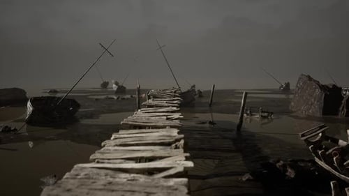 Abandoned Dock in a Foggy Landscape with Broken Boats and Silence