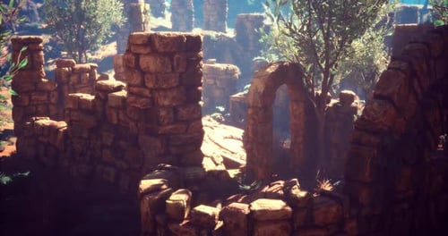 Ancient Stone Ruins Surrounded By Greenery in a Serene Sunlight Setting