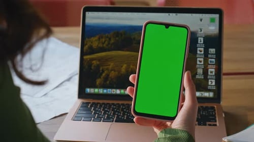 Lady Fingers Zooming Mockup Cellphone at Office Closeup Specialist Surfing Web