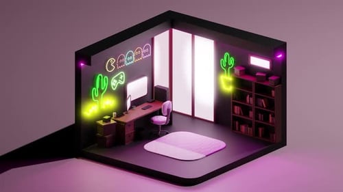 3D Render Animation of Modern Home Office with Neon Illumination Isometric View and Loop