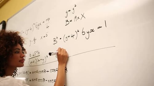 Young Adult Woman Writes Math Equations on Whiteboard