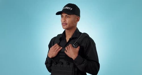 Security guard, studio and man serious for protection service, safety support