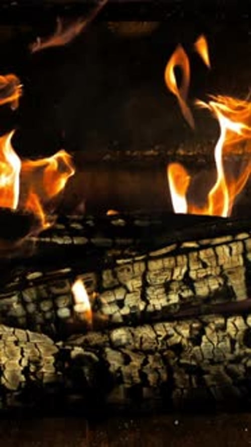 The Fireplace Burns with a Bright Flame of Firewood Filmed on a Highspeed Camera at 1000 Fps