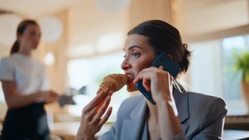 Chic Lady Talking Mobile Phone Sitting Modern Cafeteria Closeup Woman Talking