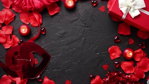 Romantic Red Holiday Flat Lay with Gifts and Decorations