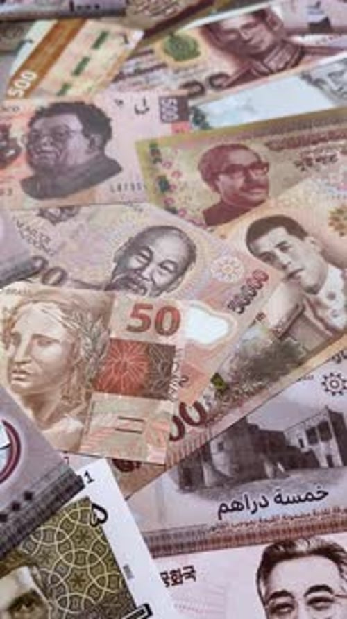 Money background, currency exchange, paper banknotes from different countries. Money cash currency