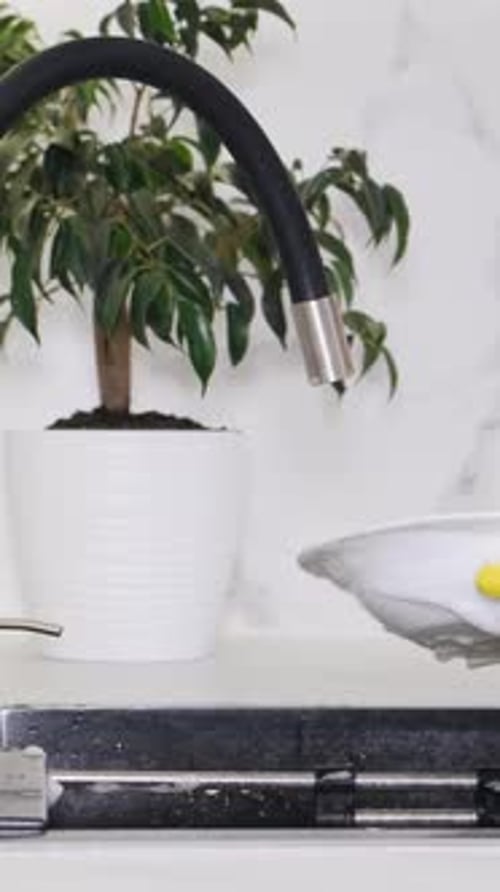 Female Hands Wash a Plate with a Sponge with a Few Drops of Dishwashing Gel Vertical Video