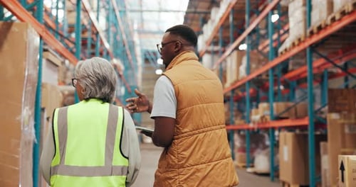 People, team and tablet for logistics in warehouse with supply chain, discussion and meeting